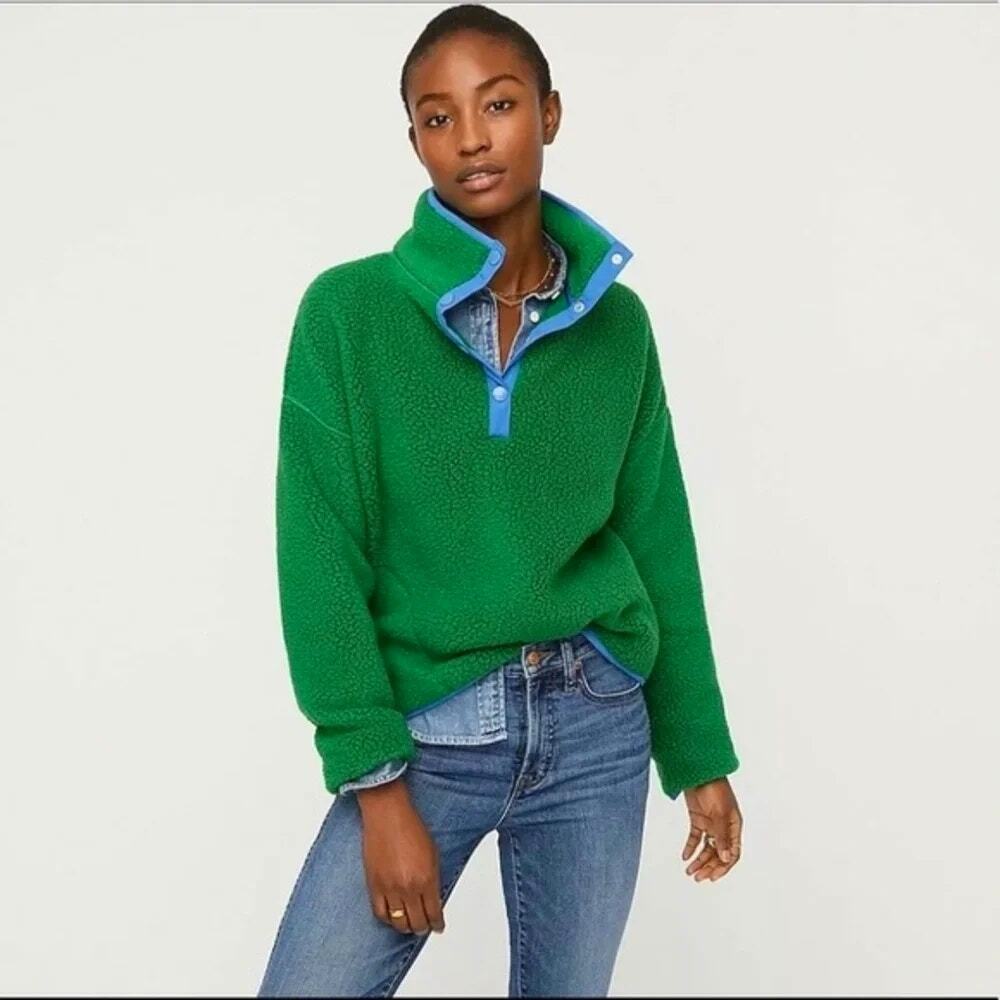 J. Crew Vintage Fleece Vibrant Green Fleece w/ Blue Accents SZ SMALL Gorpcore